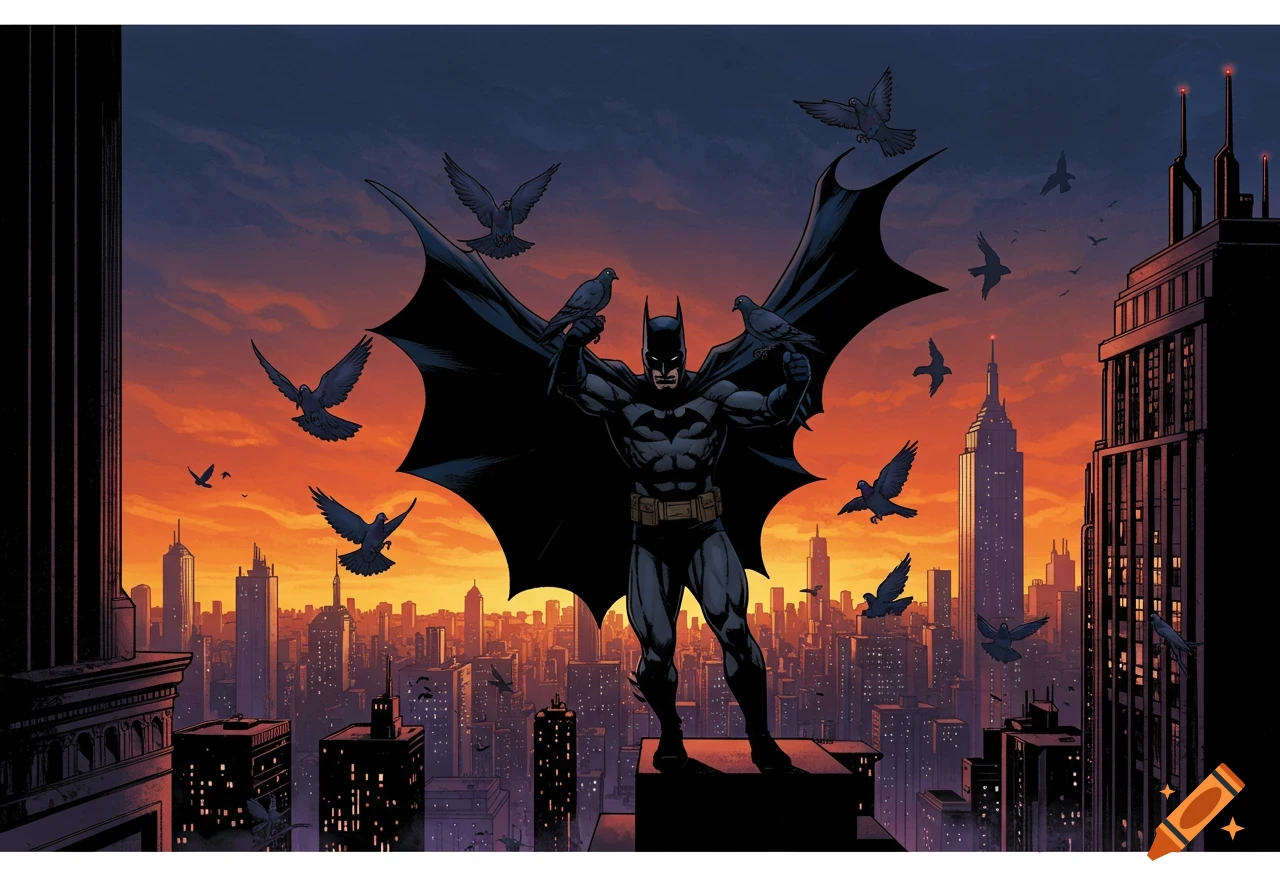 Batman standing on a Gotham City rooftop at sunset, holding pigeons, in a comic art style.