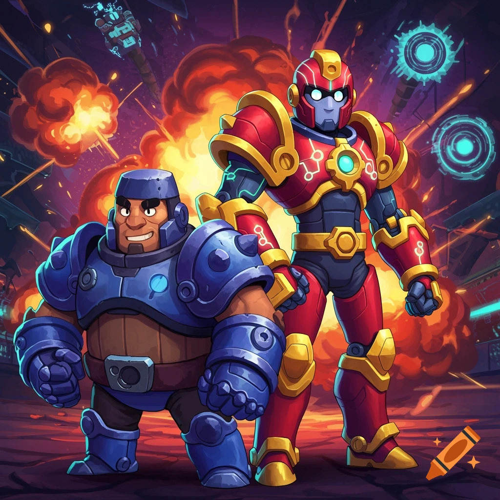Two armored cartoon characters, one short and blue, one tall and red, stand in an explosion-filled battle scene.