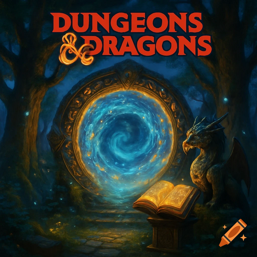 A fantasy scene with a glowing blue portal, a dragon, and an open book, featuring the text 'Dungeons & Dragons'.