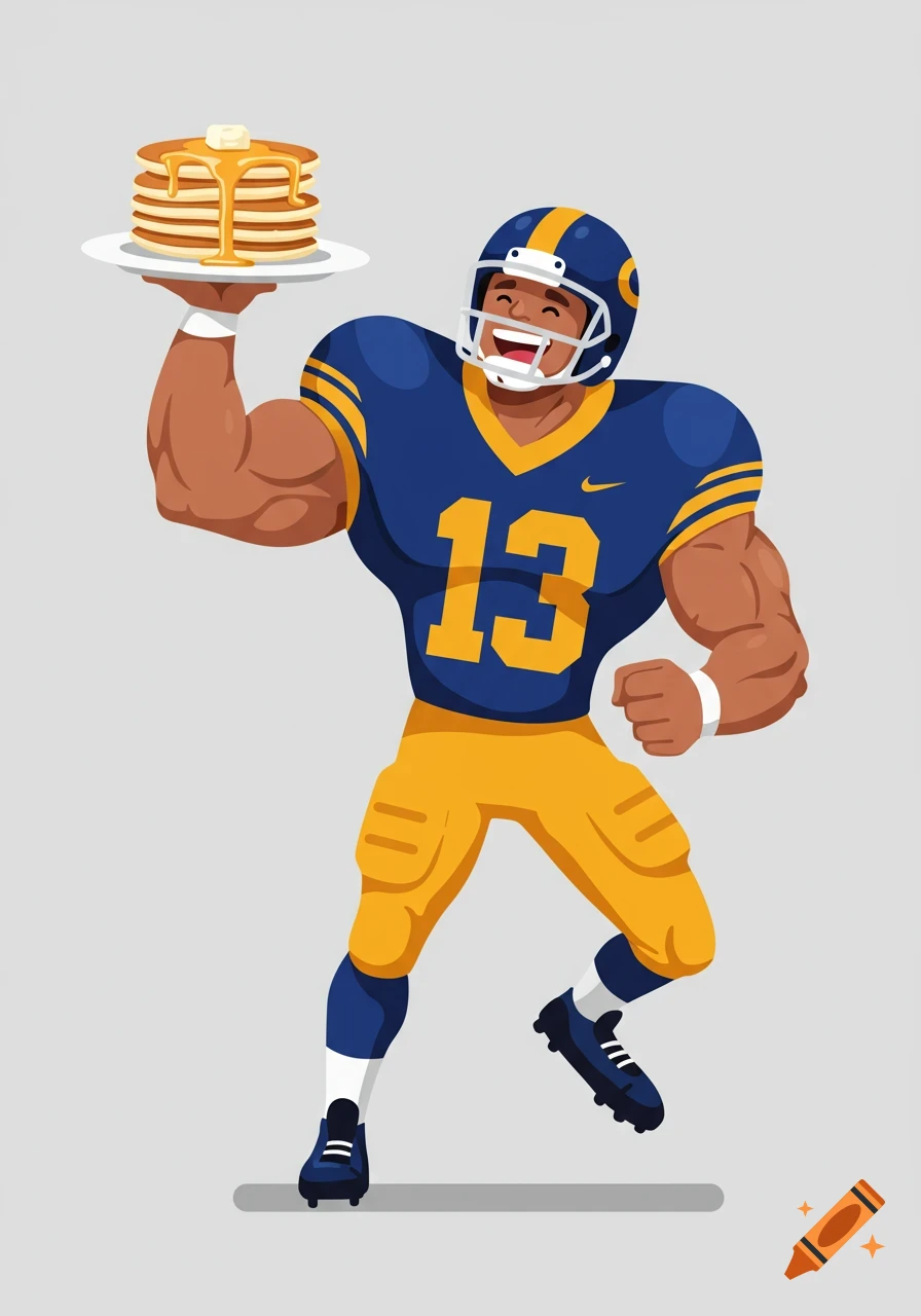 A muscular cartoon football player in blue and gold uniform holds a stack of pancakes with syrup and butter.