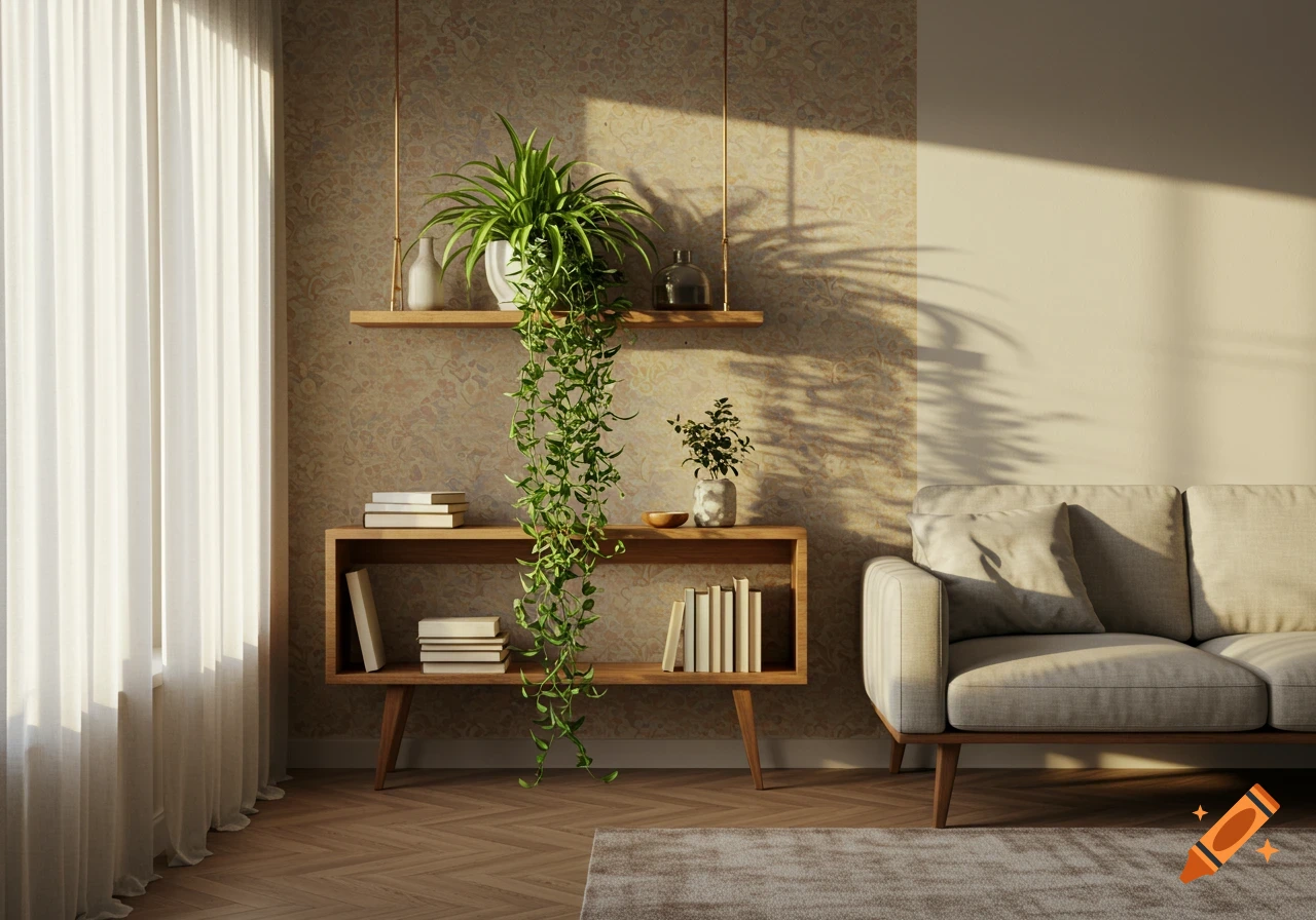 Photorealistic living room with a long spider plant on a shelf, a beige sofa, books, and patterned wallpaper in sunlight.