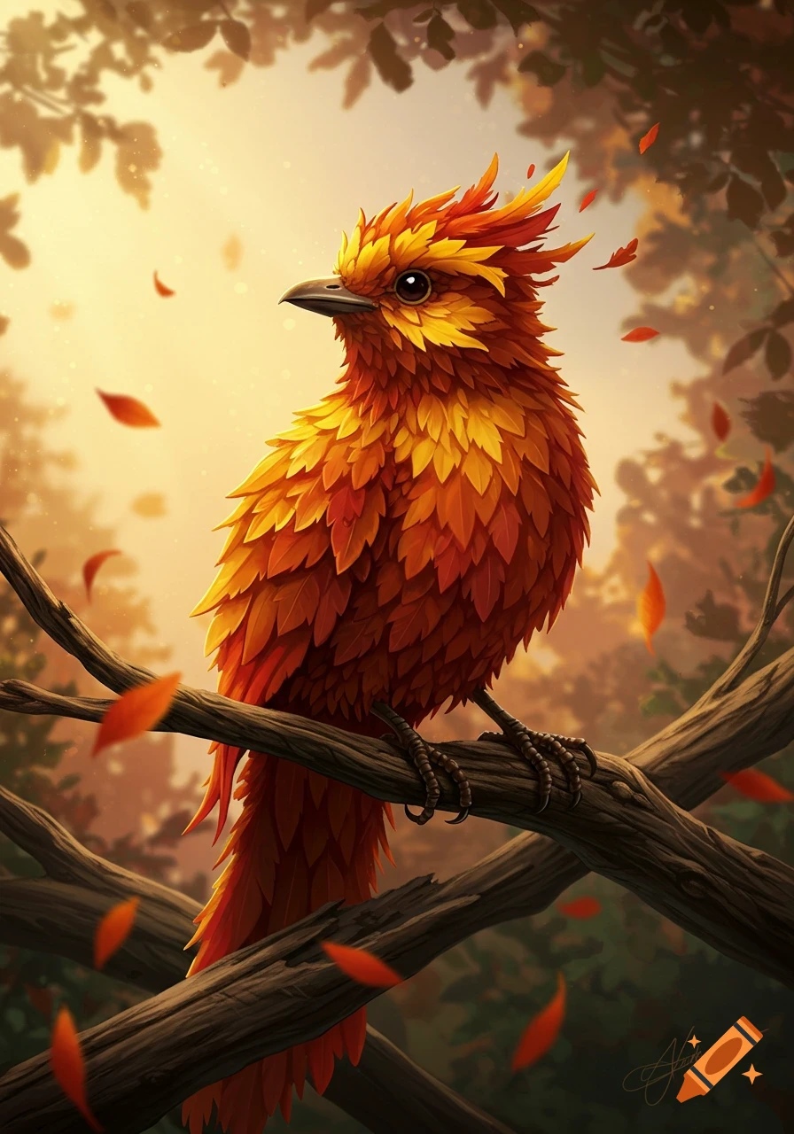A vibrant orange and yellow bird, with feathers resembling leaves, perches on a tree branch in a sunlit forest.