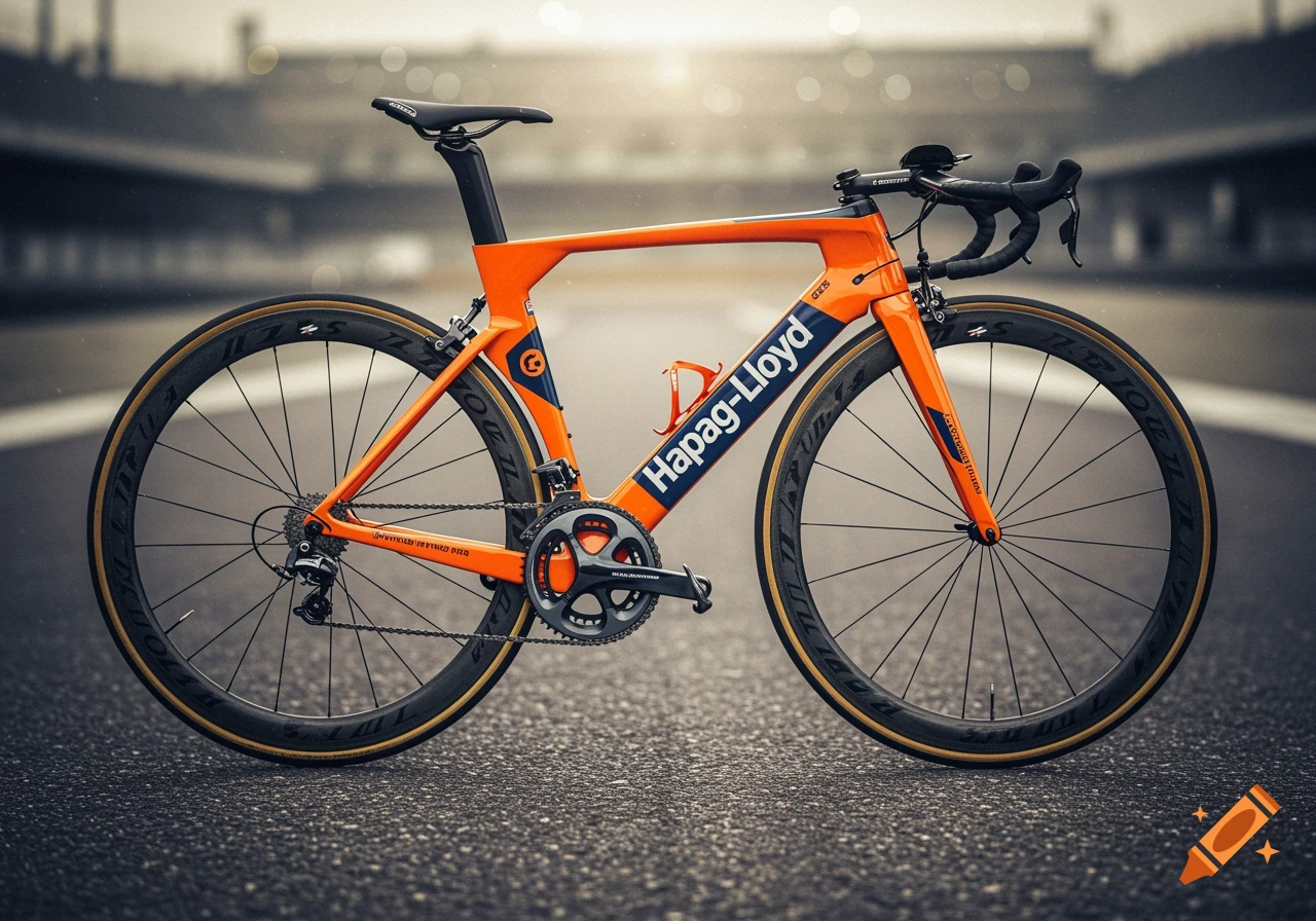 An orange and blue racing bicycle with 'Hapag-Lloyd' branding parked on an asphalt road with a blurred background.