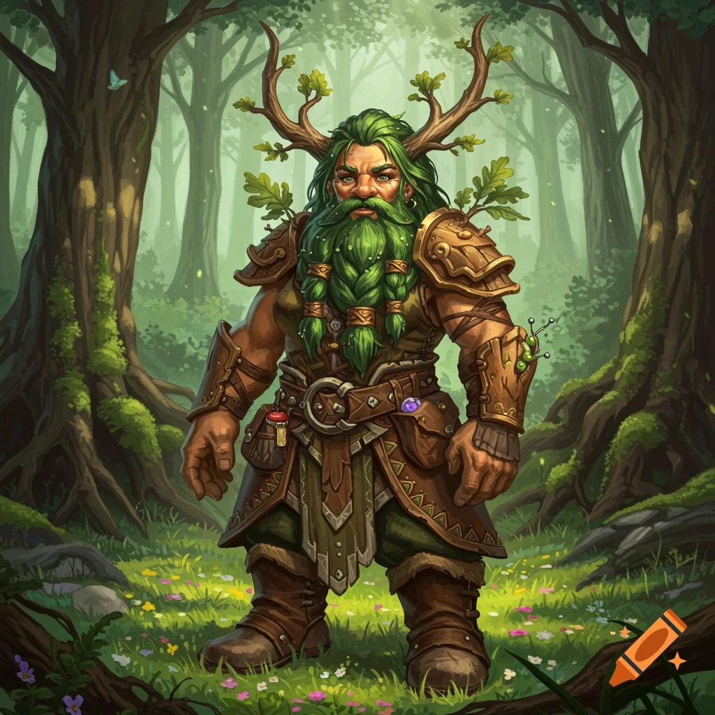 A fantasy druid character with a green beard and antlers stands in a lush forest.