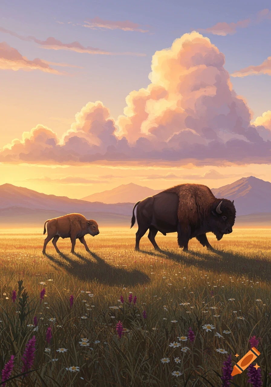 An adult bison and a calf walk through a grassy field with wildflowers under a colorful sunset sky and mountains in the distance.