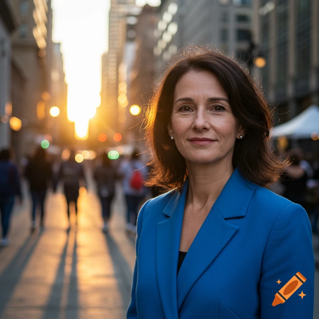 A middle-aged woman in a blue blazer stands on a sunlit city street at golden hour, looking at the camera.