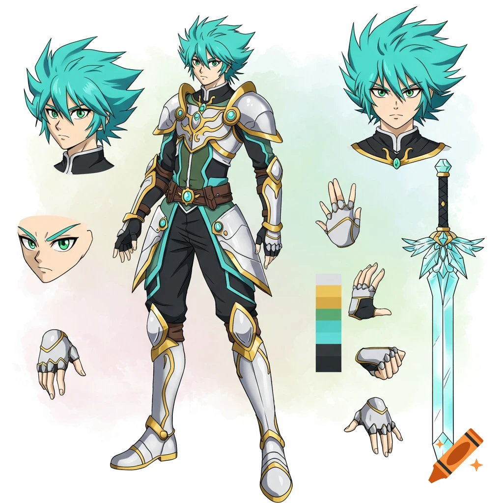 Anime character reference sheet of a male with teal hair and green eyes in fantasy armor, with views of face, hands, and a crystal sword.