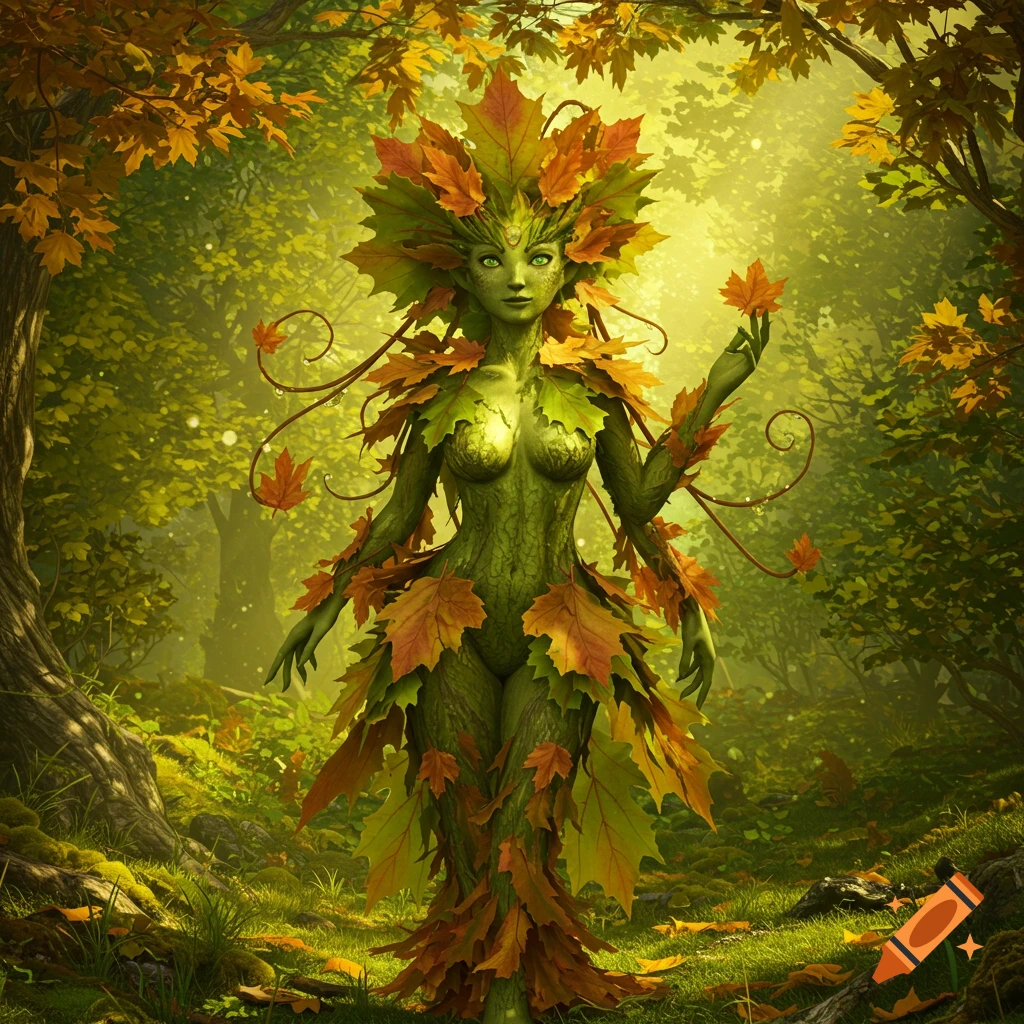 A vibrant green dryad made of tree bark and covered in autumn maple leaves stands in a sunlit forest.