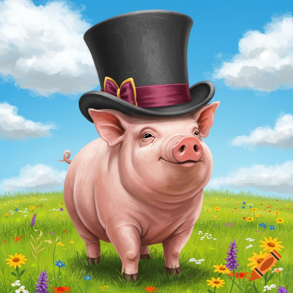 A cheerful, plump pig wearing a black top hat with a purple ribbon stands in a green field filled with colorful wildflowers under a blue sky with white clouds.