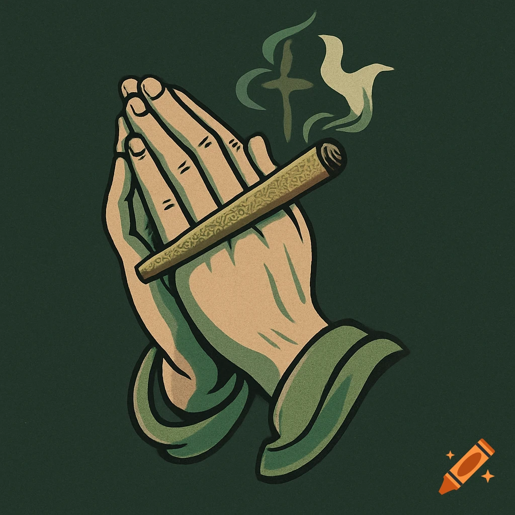 Stylized logo of praying hands holding a lit blunt. Green smoke forms a subtle cross and a dove above on a dark green background.