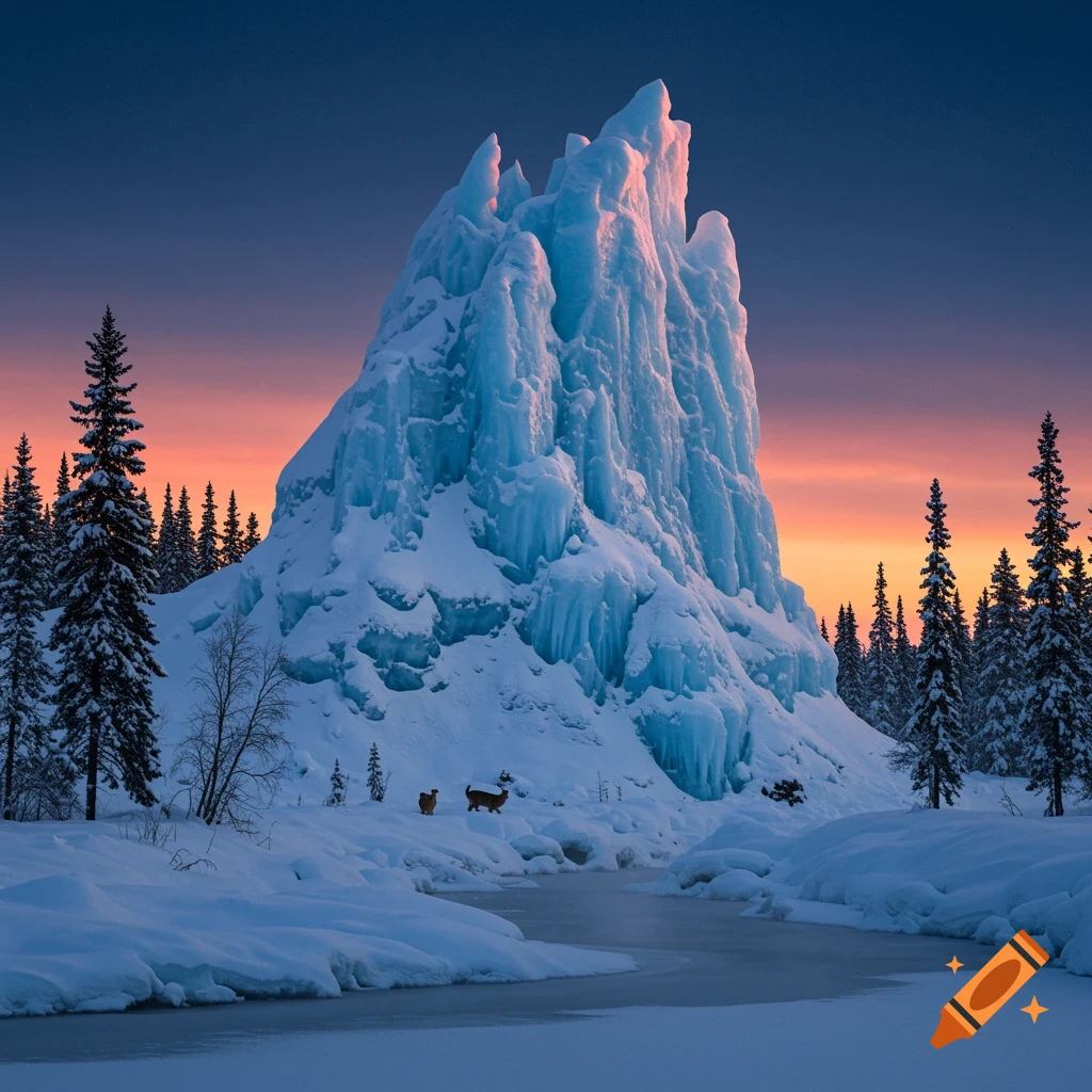 A massive, blue-white ice formation dominates a snowy winter landscape with pine trees, two small deer, and a warm sunset sky.