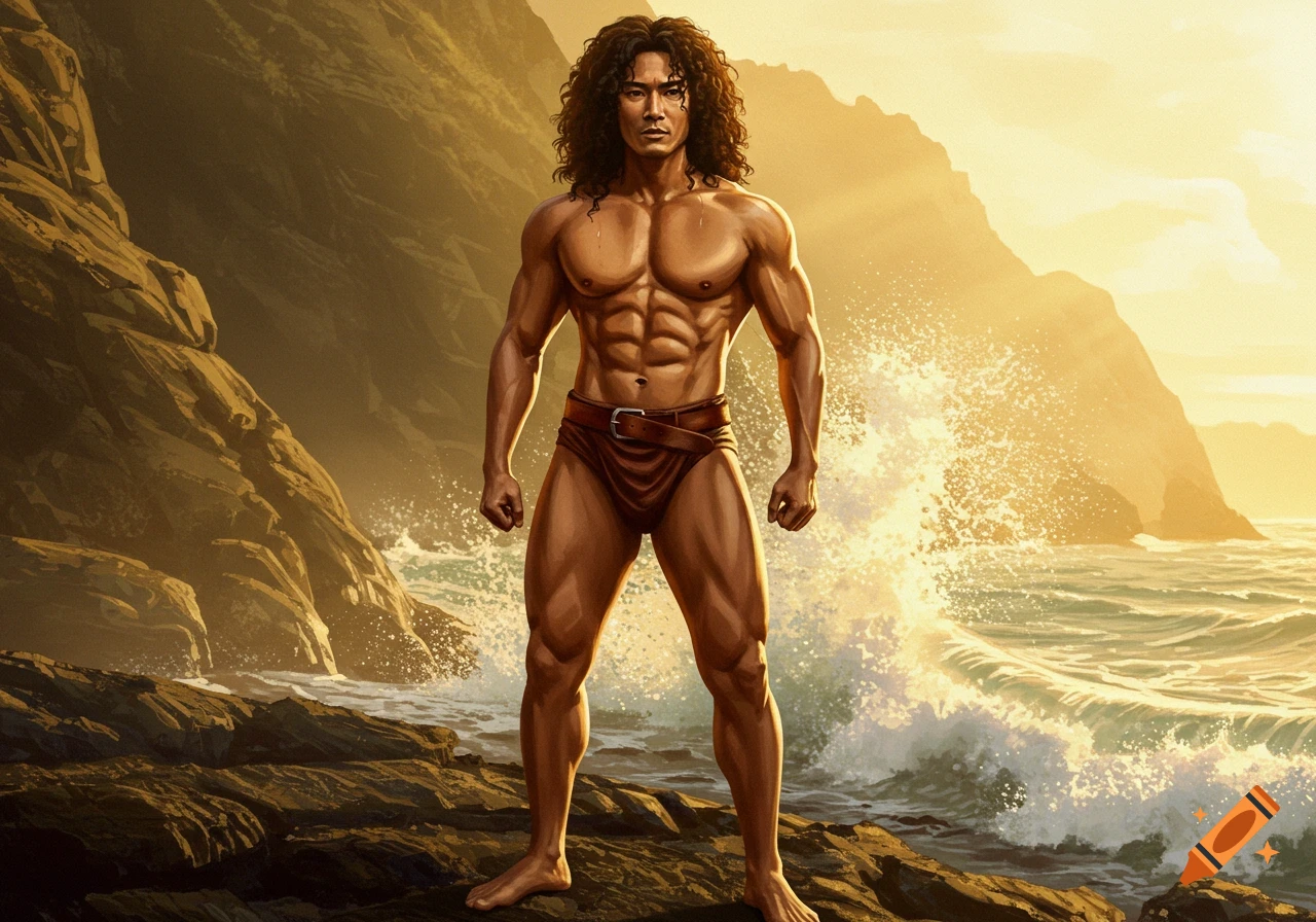 A muscular man with long curly hair stands on rocky terrain by the ocean at sunset.