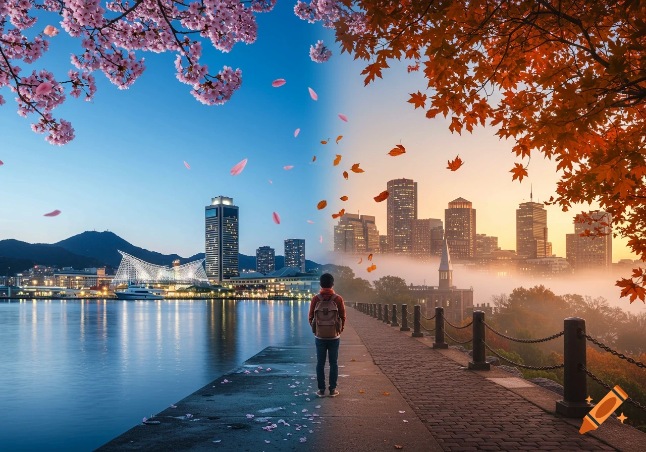 A person on a path divides a spring city with cherry blossoms and a harbor from an autumn city skyline with fall leaves.