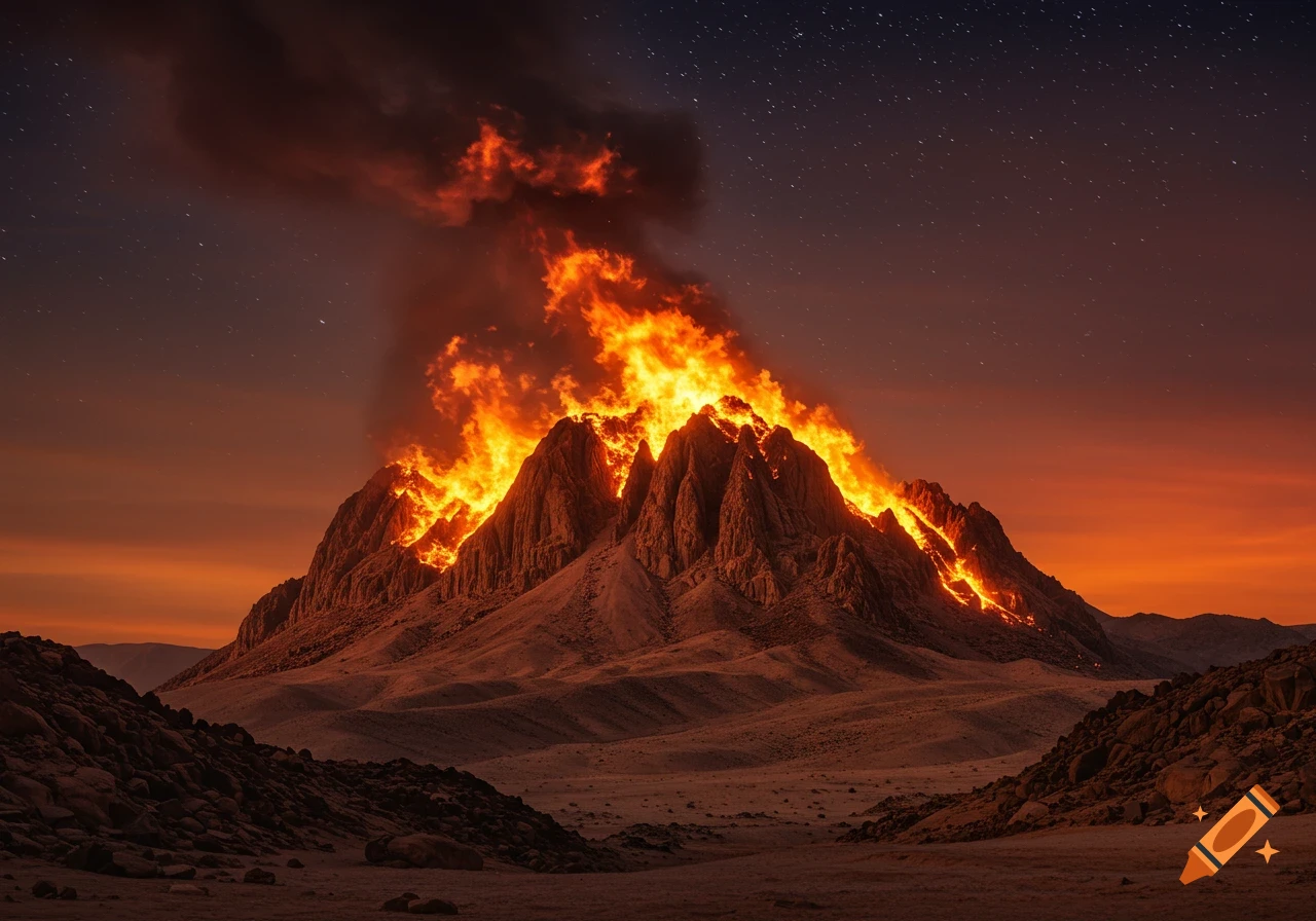 Photorealistic image of a rugged mountain ablaze with bright orange and yellow flames, under a dark, starry night sky with a reddish-orange horizon.