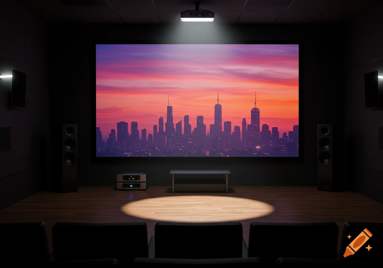 A dark home theater room with a large screen displaying a sunset over a city skyline, a projector shining a spotlight on the floor.