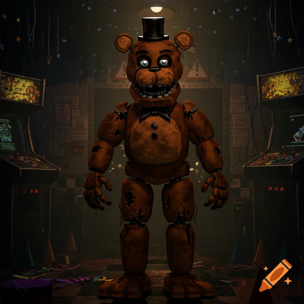 A detailed, full-body image of Freddy Fazbear, a brown animatronic bear with a top hat and bowtie, standing in a dark arcade with glowing machines.