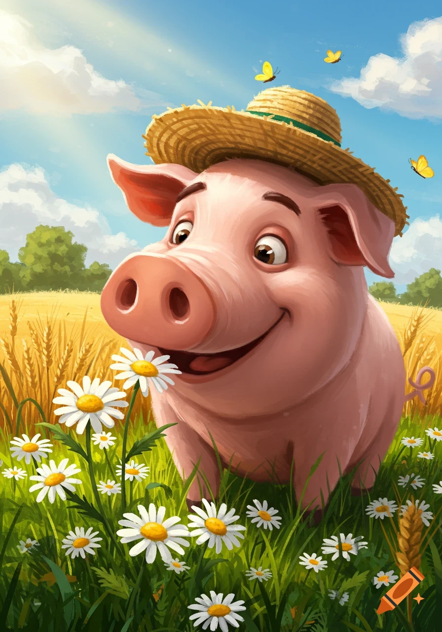 A smiling cartoon pig wearing a straw hat stands in a field of daisies and wheat under a blue sky with butterflies.