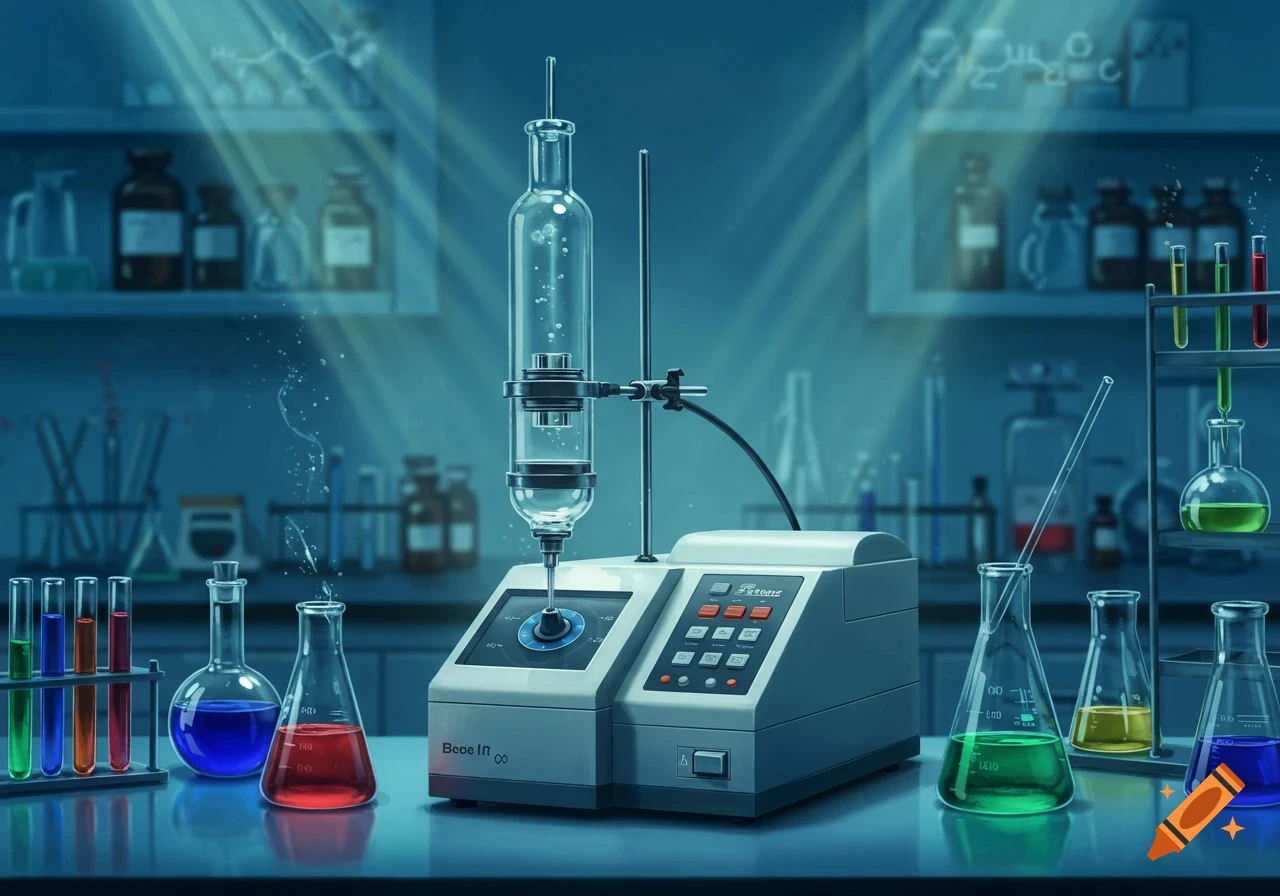 A modern chemistry lab with advanced equipment, flasks, beakers, and test tubes filled with colorful liquids under bright light rays.