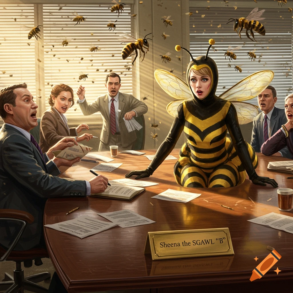 A chaotic office meeting with a swarm of bees, and a calm woman in a bee costume sitting at the table.