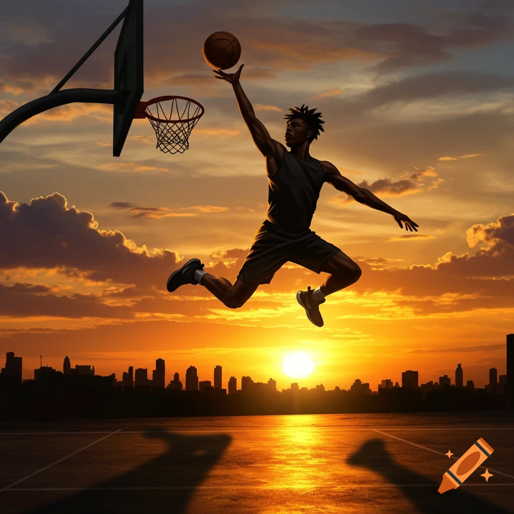 A male basketball player dunks at sunset against a city skyline, captured in a dramatic silhouette.