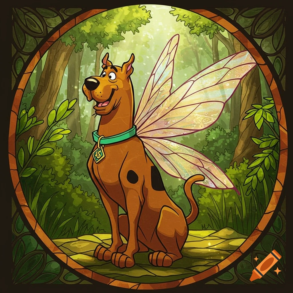 Scooby Doo as a fairy with wings, in a stained glass style portrait, surrounded by a forest frame.