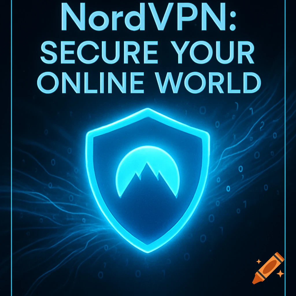 A glowing blue shield logo with mountains, abstract lines, and text 'NordVPN: SECURE YOUR ONLINE WORLD' on a dark background.