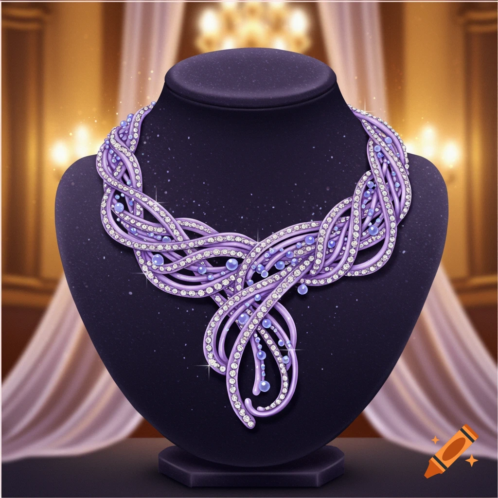 An intricate light purple necklace with sparkling diamonds and pearls on a dark mannequin, against a blurred elegant background.