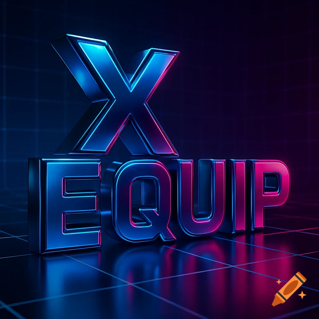 A vibrant 3D render of the word "X" above "EQUIP" in metallic letters with blue and pink neon outlines on a dark grid background.