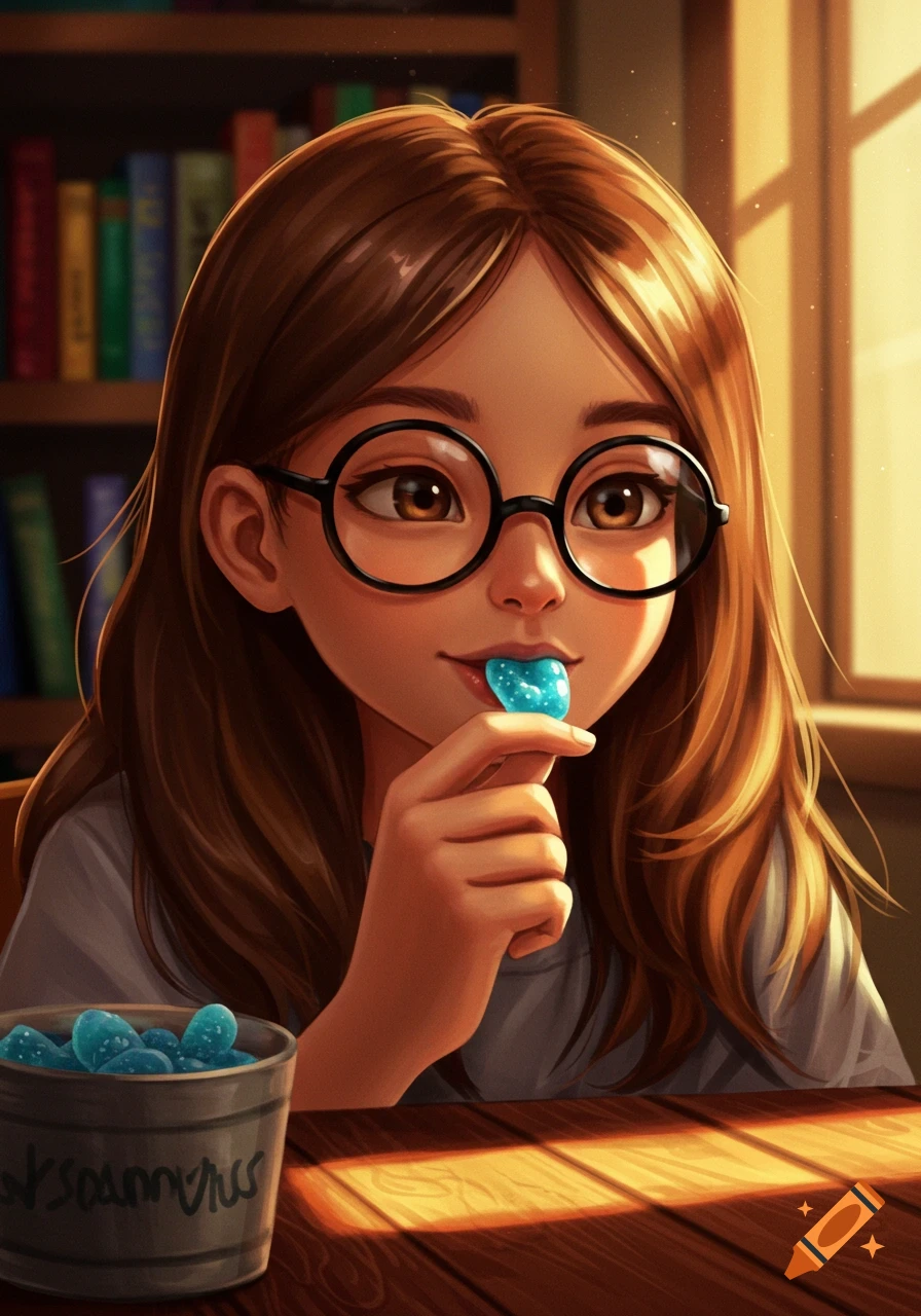 An anime-style girl with brown hair and black glasses eating a blue gummy candy in a sunlit room with a bookshelf.