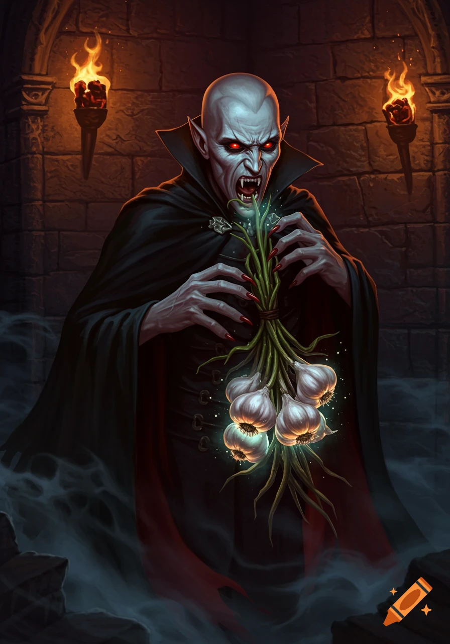 A pale vampire with red eyes and bared fangs holds a bunch of garlic in a dark stone chamber lit by torches, digital painting.