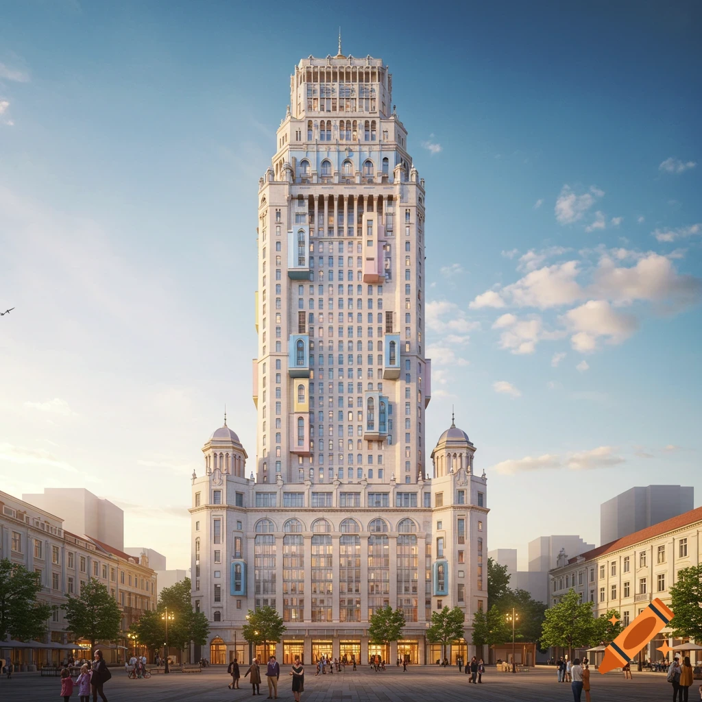 A grand postmodern skyscraper with colorful window accents stands in a bustling city square with people and trees under a clear sky.