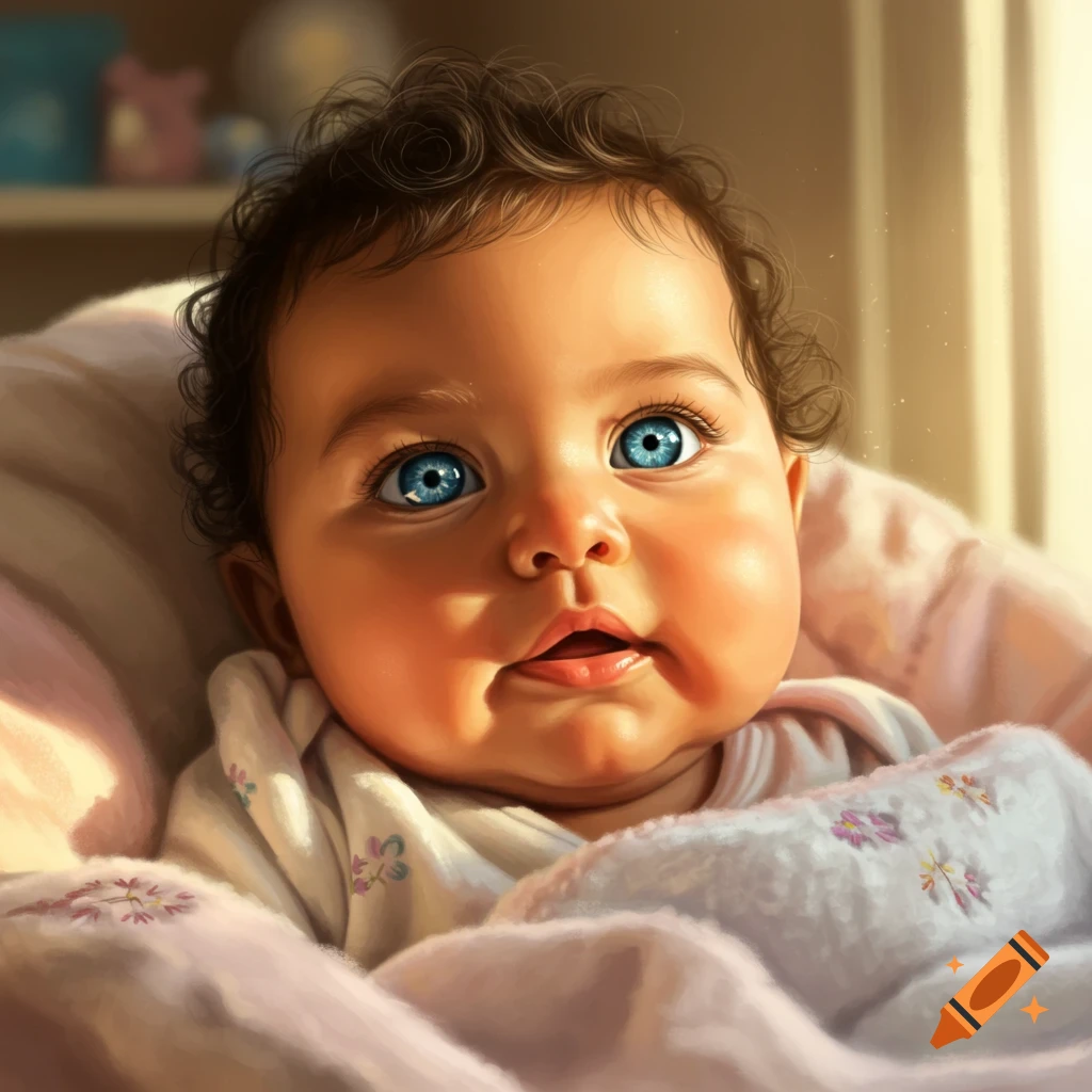 A cute baby with dark curly hair and bright blue eyes gazes forward, wrapped in a soft pink blanket.