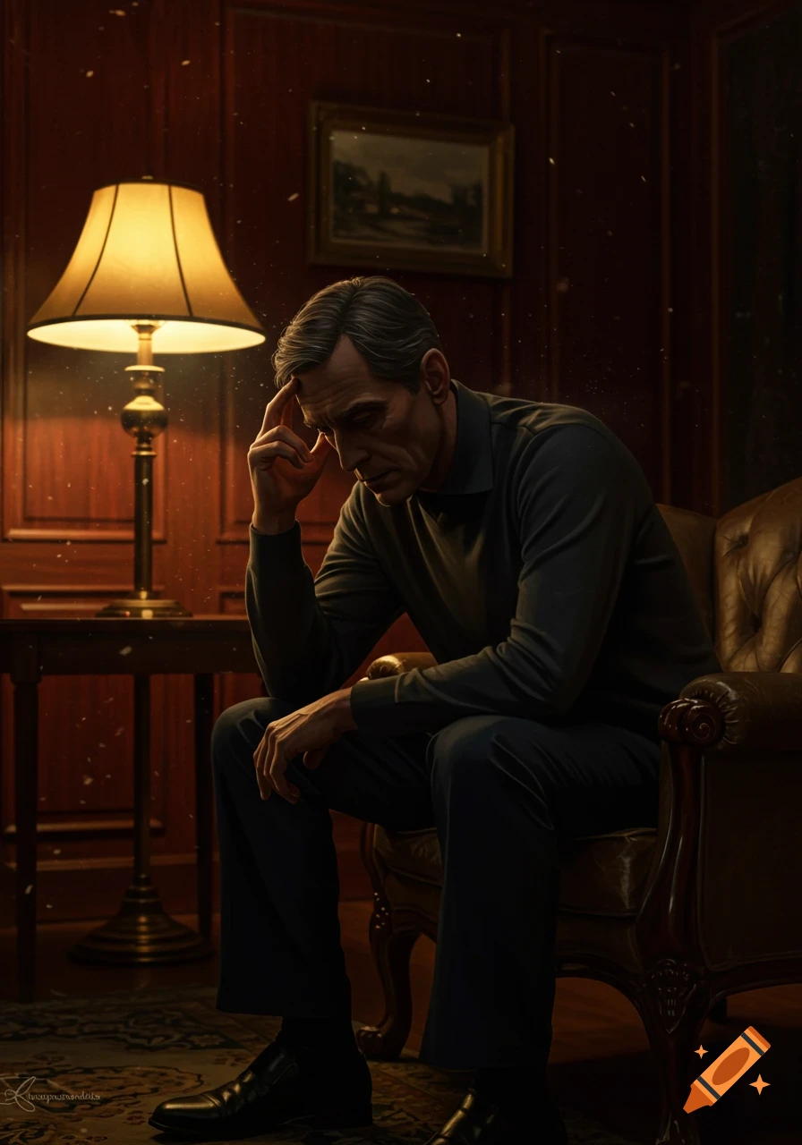 A man rubs his temple, sitting in a dark, classic room with a lit lamp.