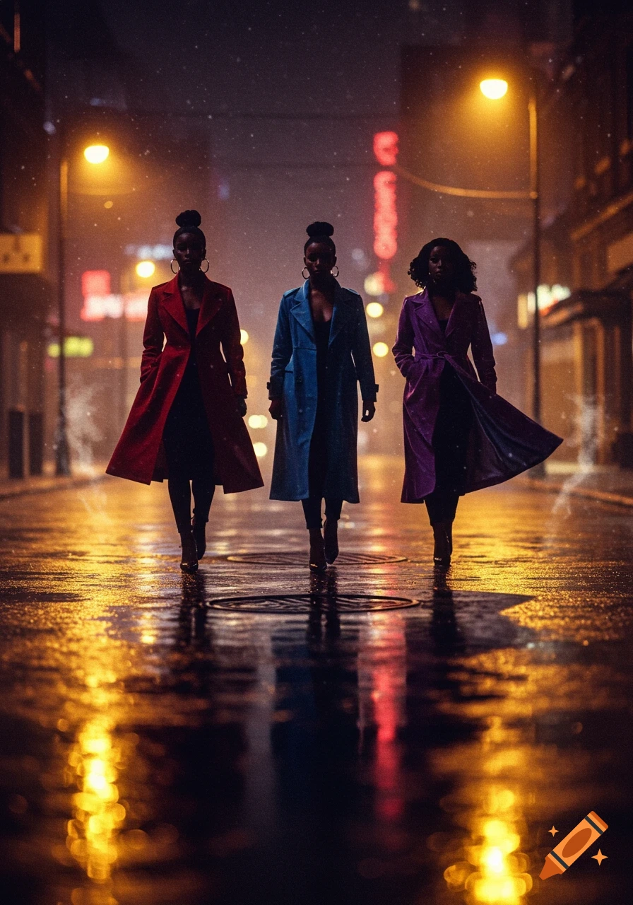 Three women in long coats walk on a wet city street at night, reflecting bright streetlights.