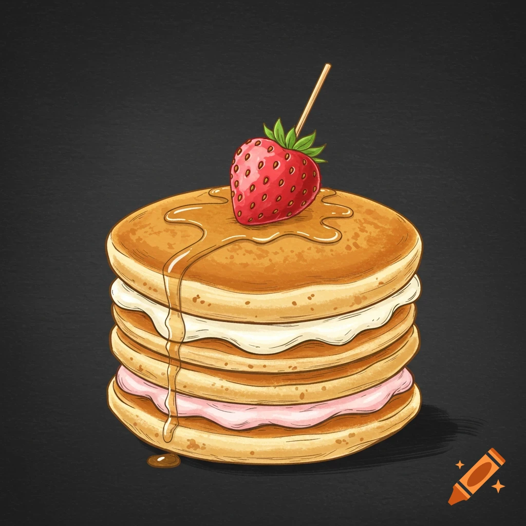 Hand-drawn illustration of a stack of pancakes with syrup, cream, and a strawberry on top, against a dark background.