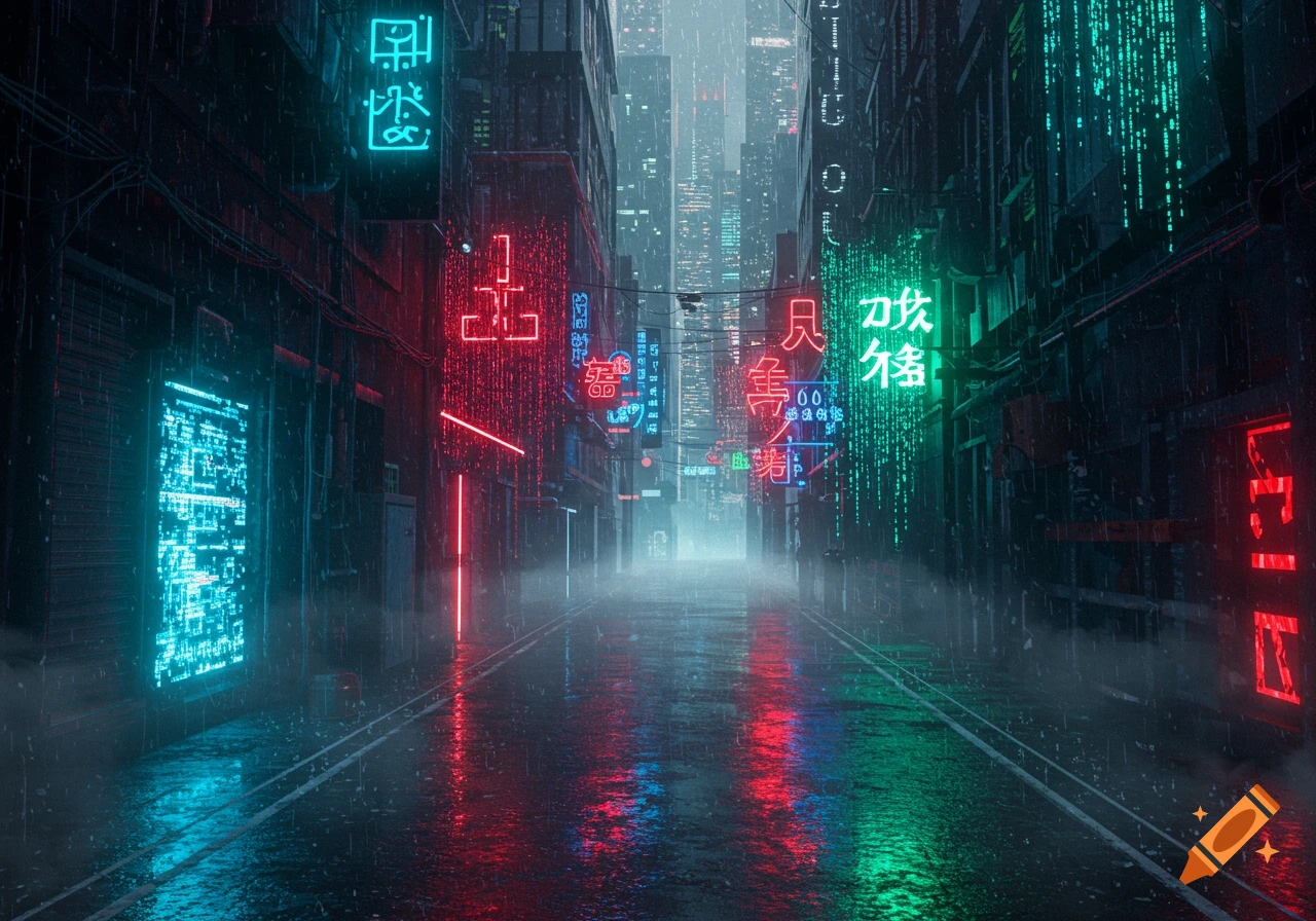 A dark, rainy alley in a futuristic city, illuminated by vibrant red, blue, and green neon signs and reflections on the wet pavement, evoking a cyberpunk aesthetic.