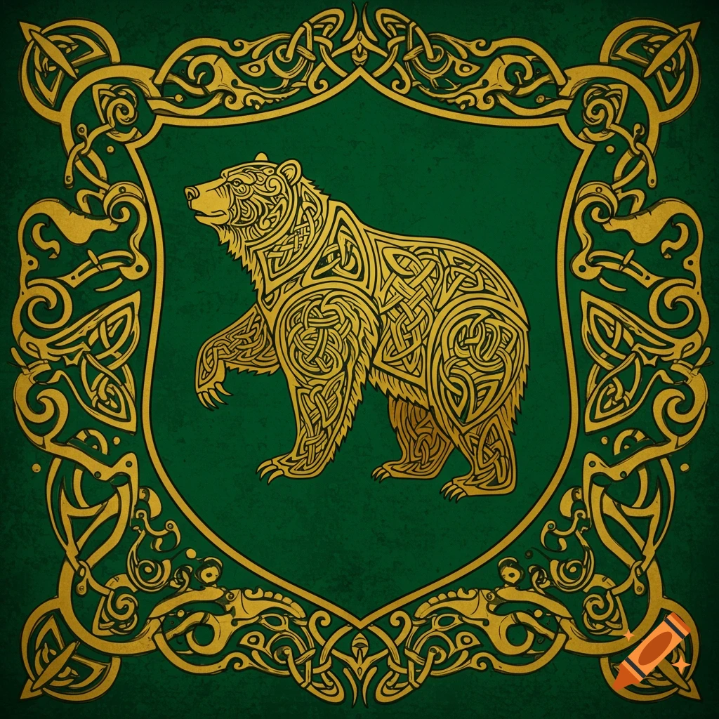 A gold bear intricately designed with Celtic knot patterns on a green shield with gold Celtic borders.