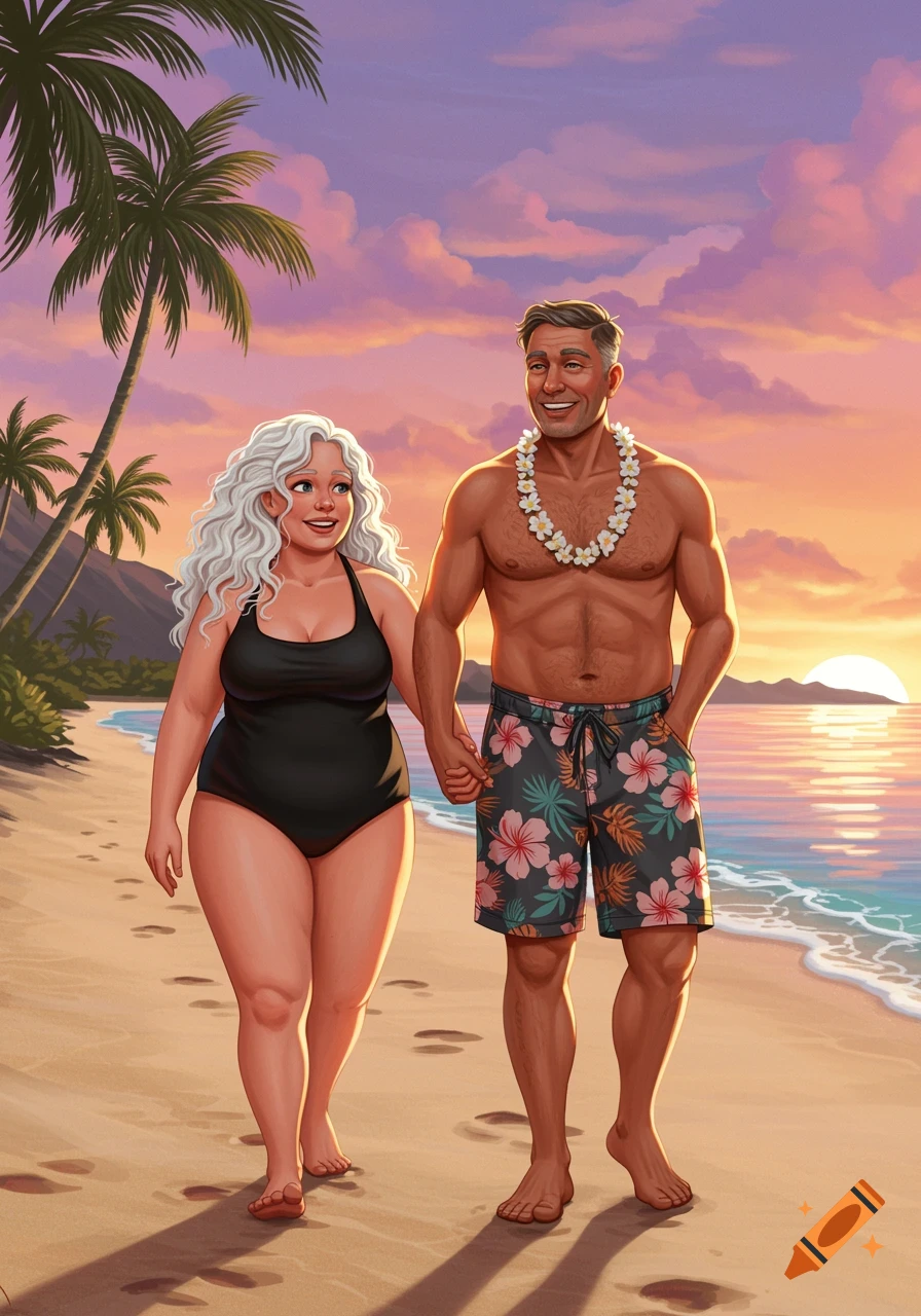 An illustration of a woman in a black swimsuit and a man in floral swim shorts walking hand-in-hand on a beach at sunset, with palm trees and ocean in the background.