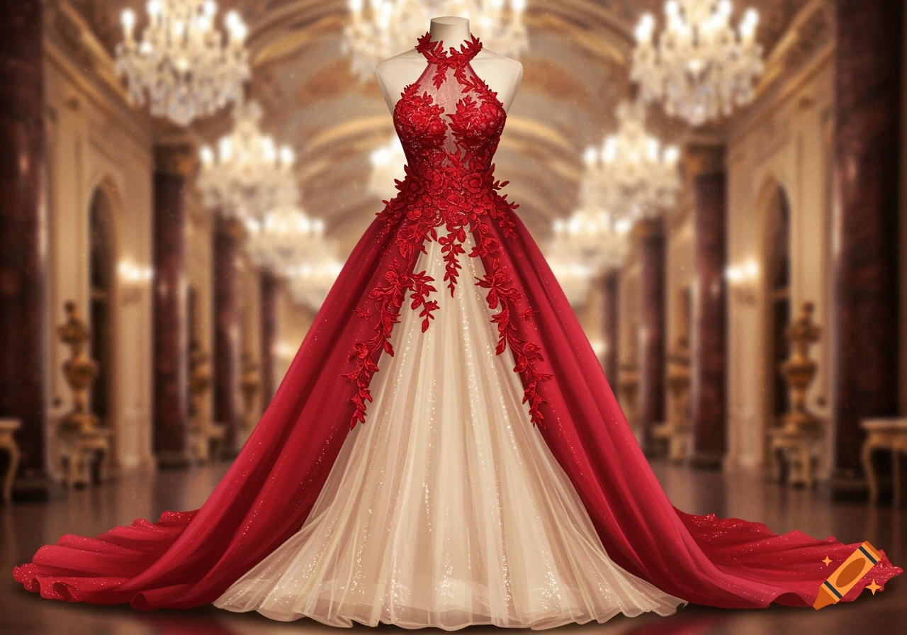An elegant red and champagne ball gown on a mannequin in a grand ballroom with chandeliers.