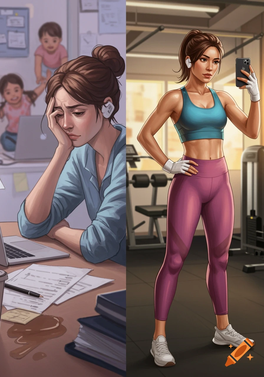 Split image showing a tired woman working at a laptop with children in the background on the left, and the same woman looking fit and empowered in a gym on the right.