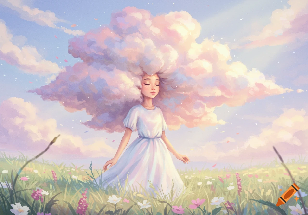 A dreamy illustration of a girl with cloud-like hair standing in a field of colorful flowers under a pastel sky.