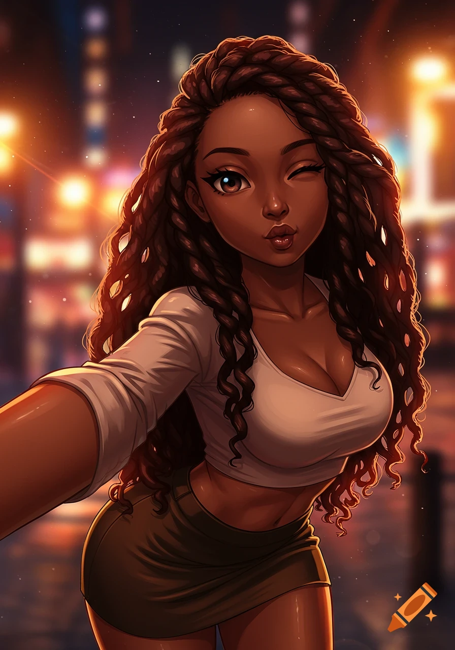 A semi-realistic anime girl with dark skin and braided hair winks and makes a kiss face while taking a selfie at night with city lights in the blurred background.