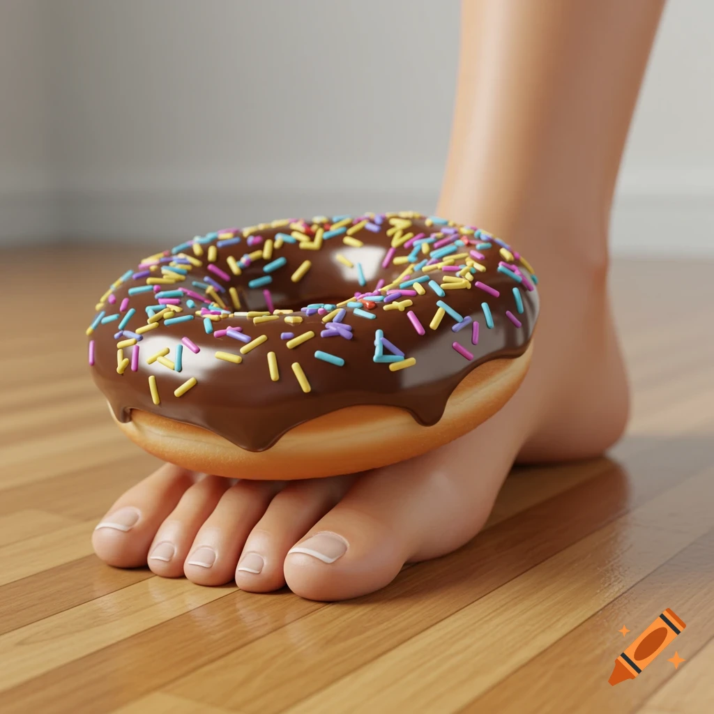 A photorealistic image of a chocolate frosted donut with colorful sprinkles resting on a bare human foot on a wooden floor.