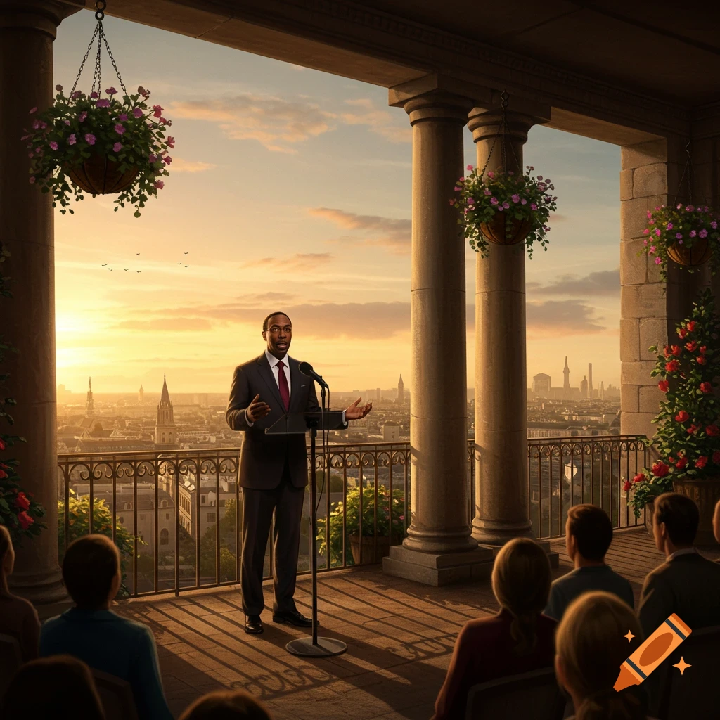 A man in a suit gives a speech from a podium on a grand balcony overlooking a city skyline at sunset, with an audience facing him.