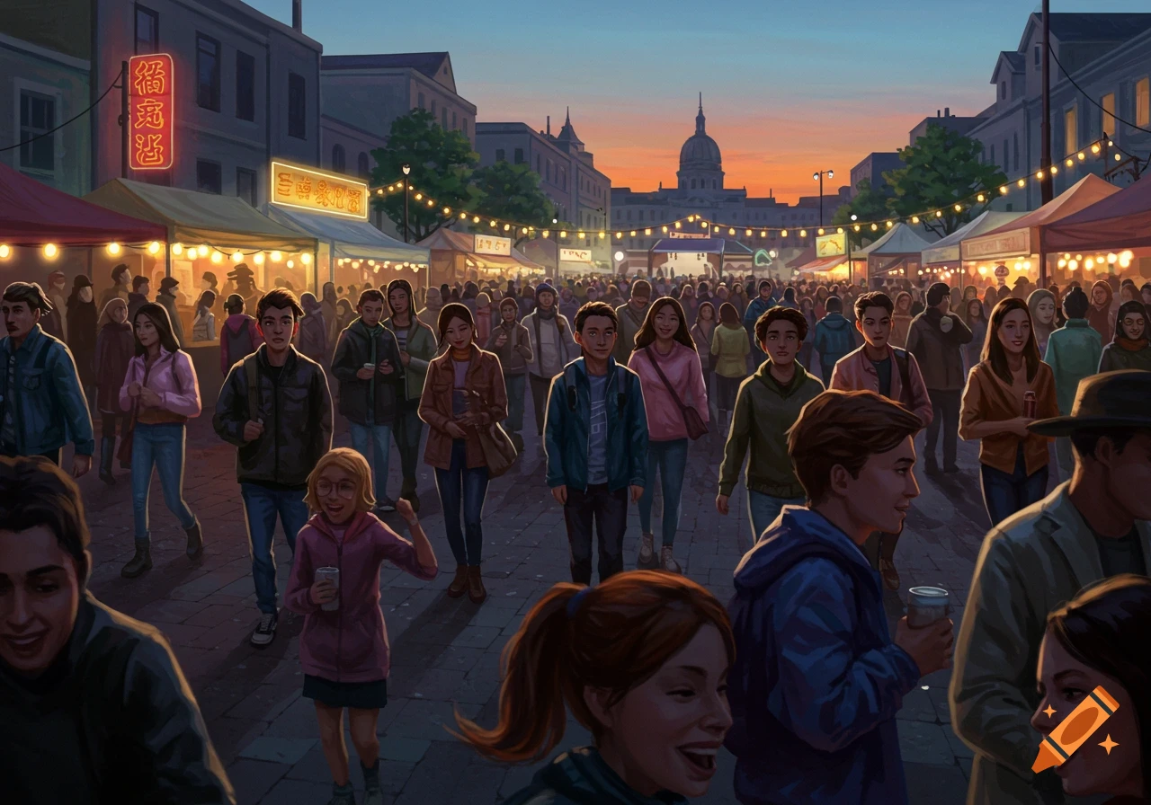 An illustration of a large crowd of people walking through a bustling street market at dusk, with buildings and a domed capitol building in the background.