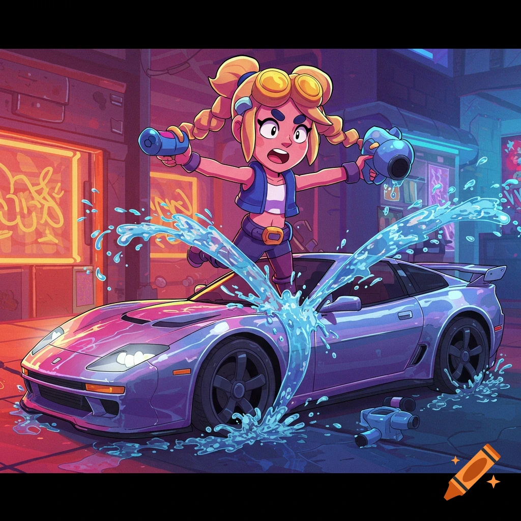 Colette from Brawl Stars standing on a pink and purple sports car, splashing water with two water guns in a neon-lit city street.