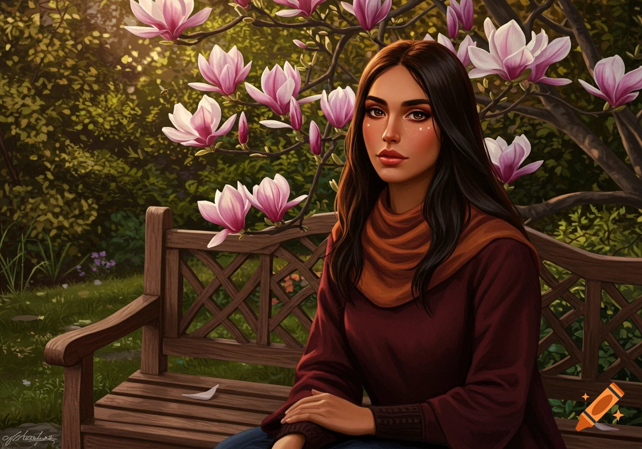 A dark-haired woman sits on a wooden bench in a lush garden under a blooming magnolia tree, digital painting style.