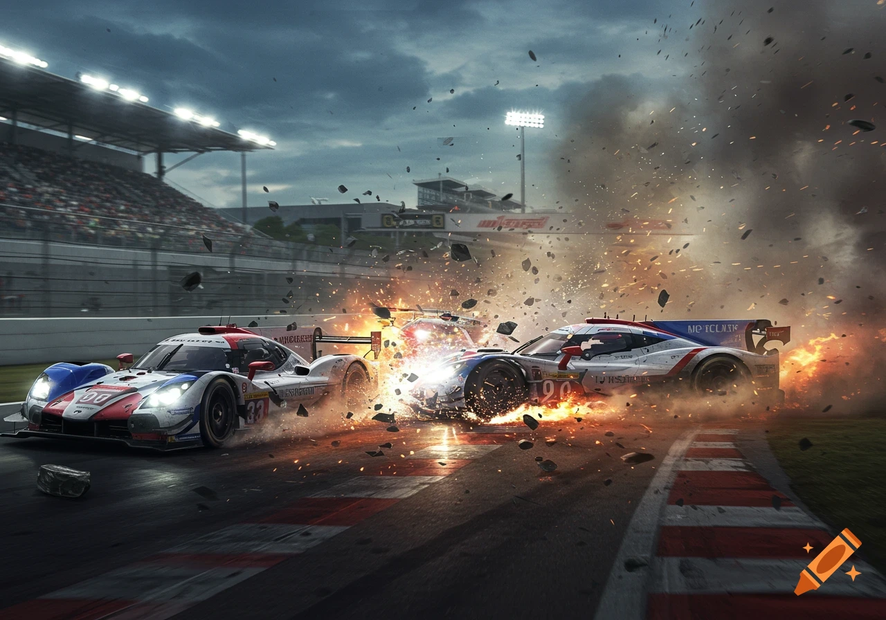Three race cars crashing on a track with fire, sparks, and debris flying, under a dramatic sky.