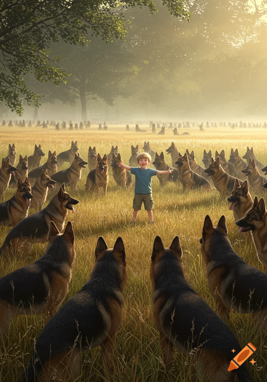 A small boy stands with outstretched arms in a golden, misty field, surrounded by a multitude of German Shepherd dogs.