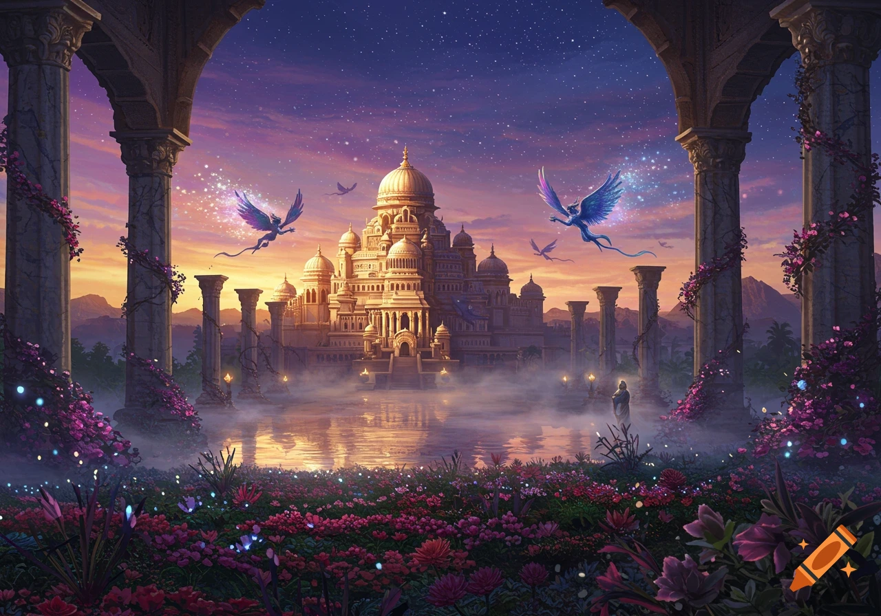 A fantastical palace stands over a misty lake at sunset under a starry sky, framed by arched ruins and flowers, with glowing winged creatures flying.